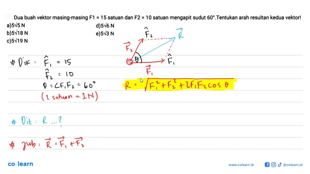 Dua buah vektor masing-masing F1 = 15 satuan dan F2 = 10