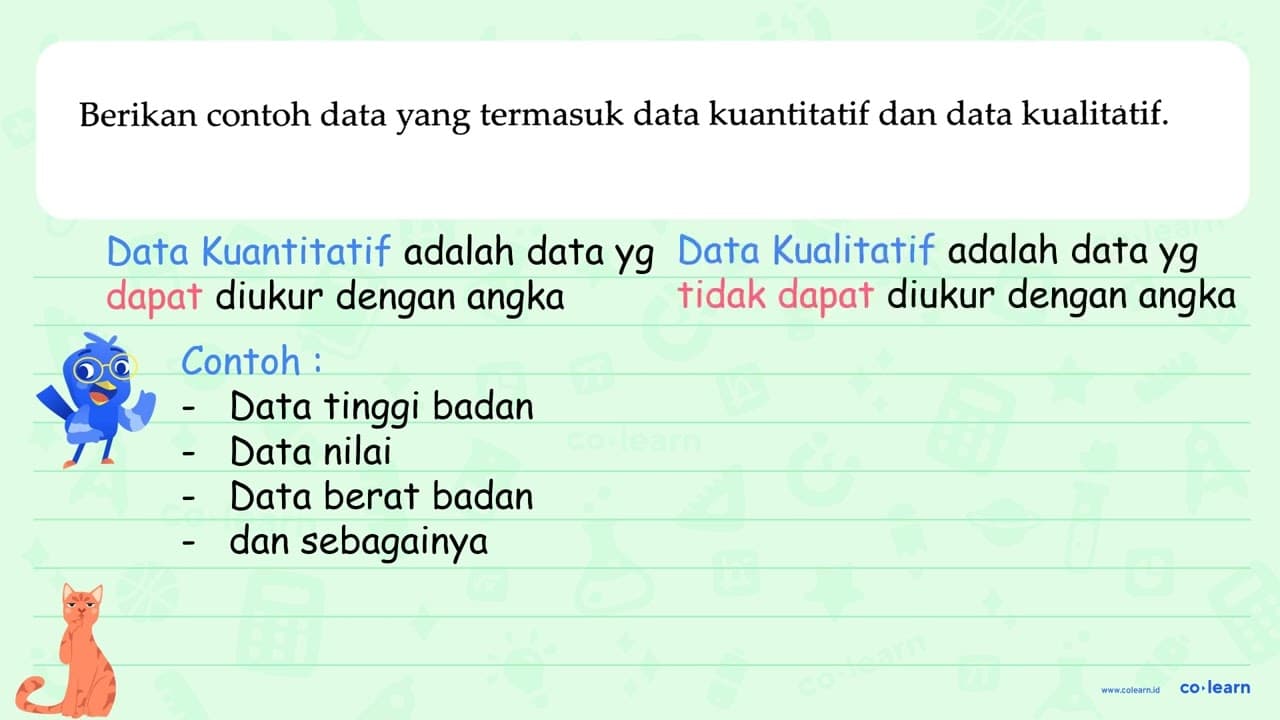 Berikan contoh data yang termasuk data kuantitatif dan data