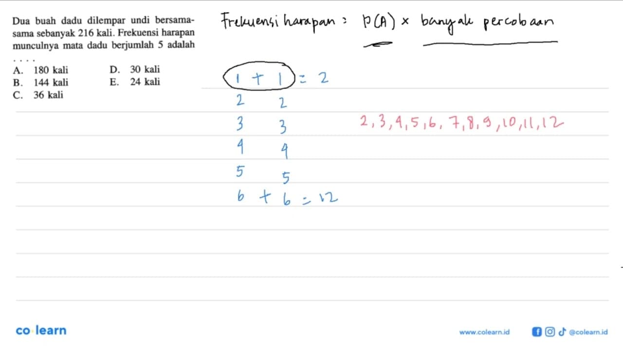 Dua buah dadu dilempar undi bersamasama sebanyak 216 kali.