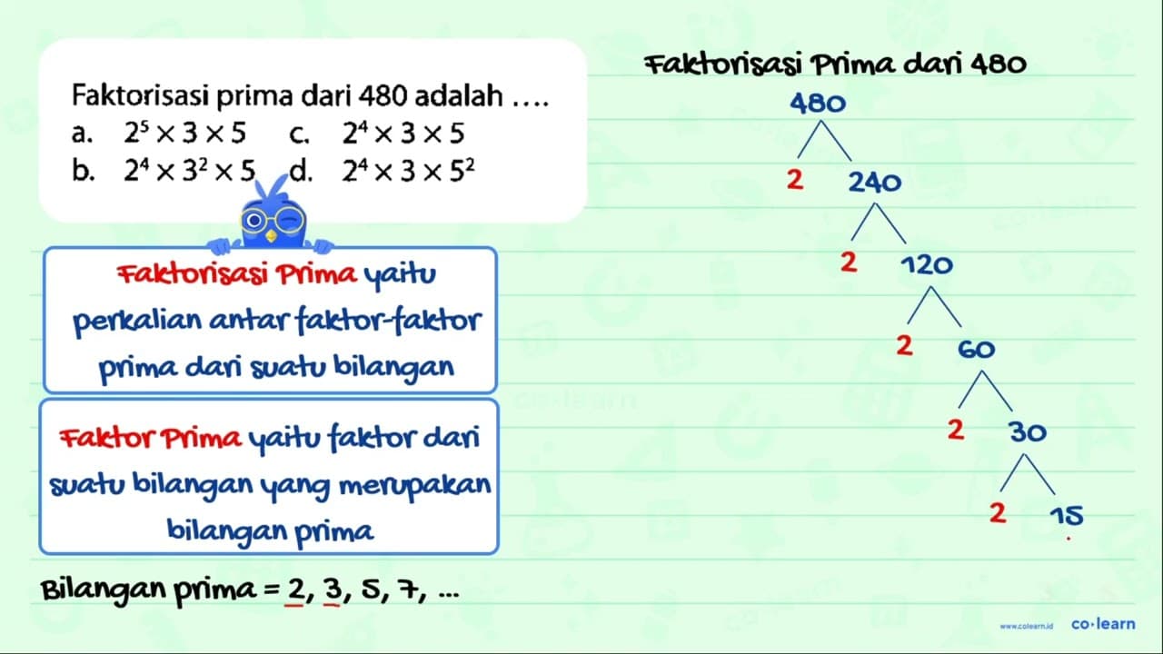 Faktorisasi prima dari 480 adalah .... a. 2^(5) x 3 x 5 c.