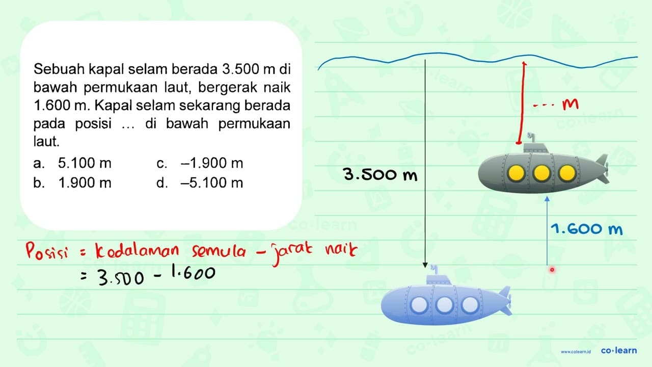 Sebuah kapal selam berada 3.500 m di bawah permukaan laut,