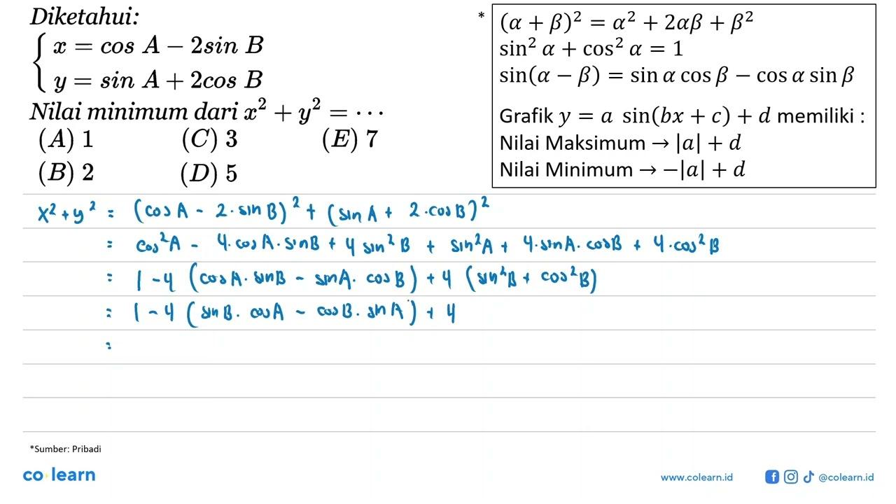 Diketahui: x=cos A-2sin B, y=sin A+2cos B. Nilai minimum