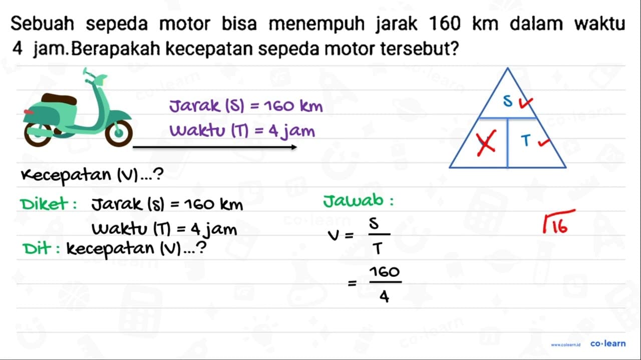 Sebuah sepeda motor bisa menempuh jarak 160 ~km dalam waktu