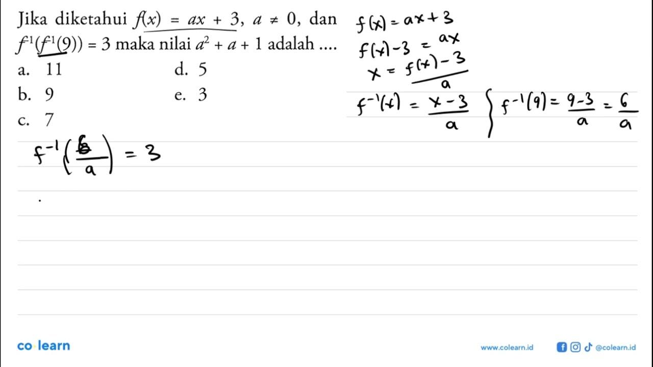 Jika diketahui f(x)=ax+3, a=/=0, dan f^(1)(f^(1)(9))=3 maka