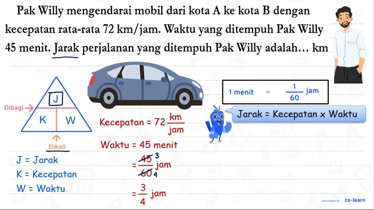 Pak Willy mengendarai mobil dari kota A ke kota B dengan