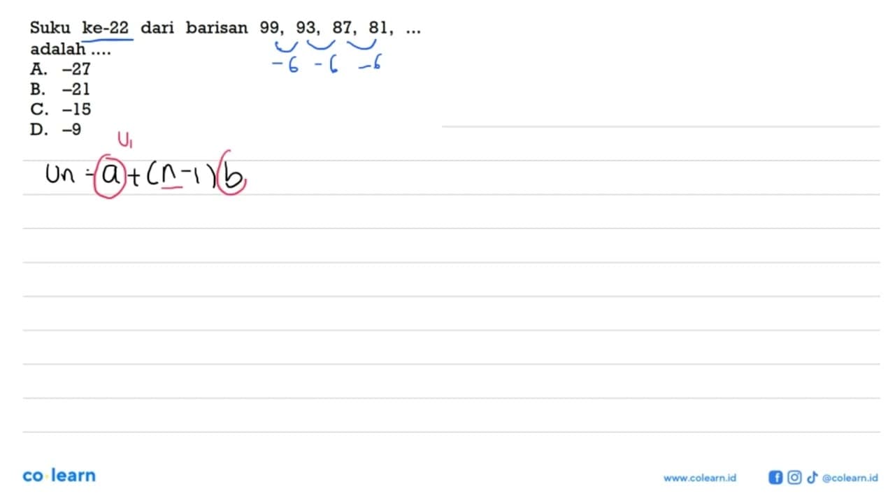 Suku ke-22 dari barisan 99, 93, 87, 81, ... adalah.... A.