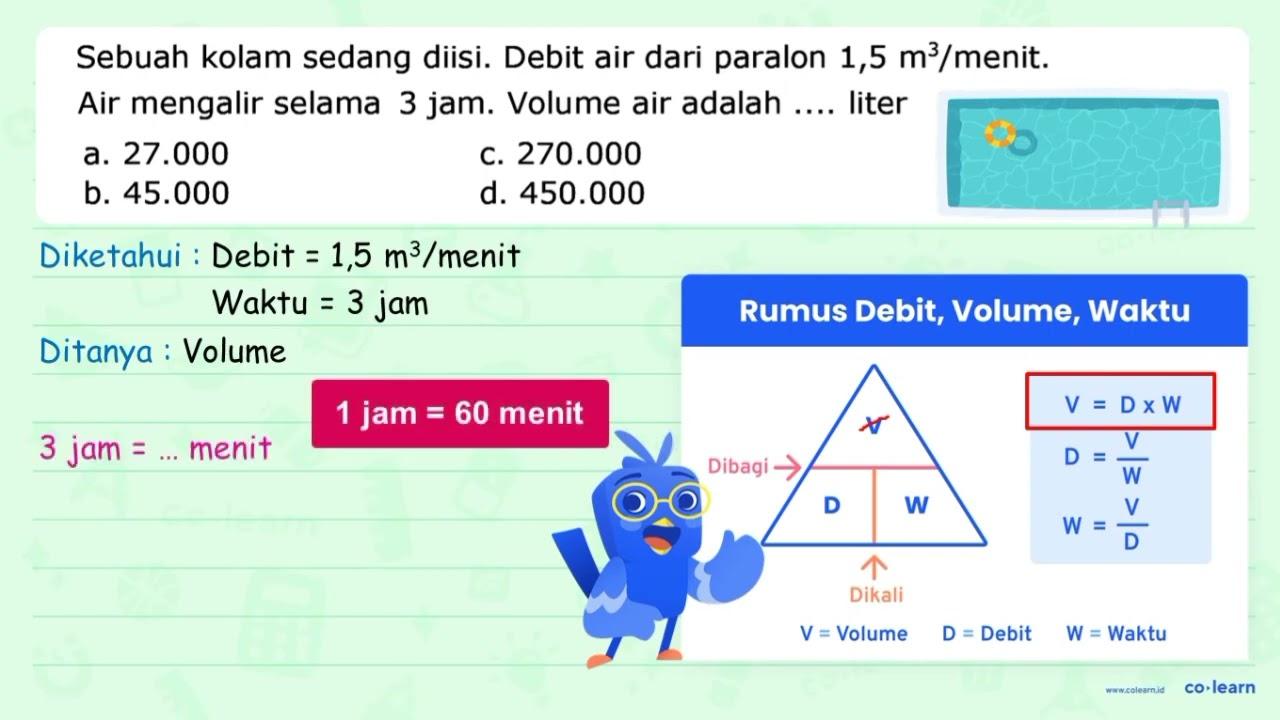 Sebuah kolam sedang diisi. Debit air dari paralon 1,5 m^(3)