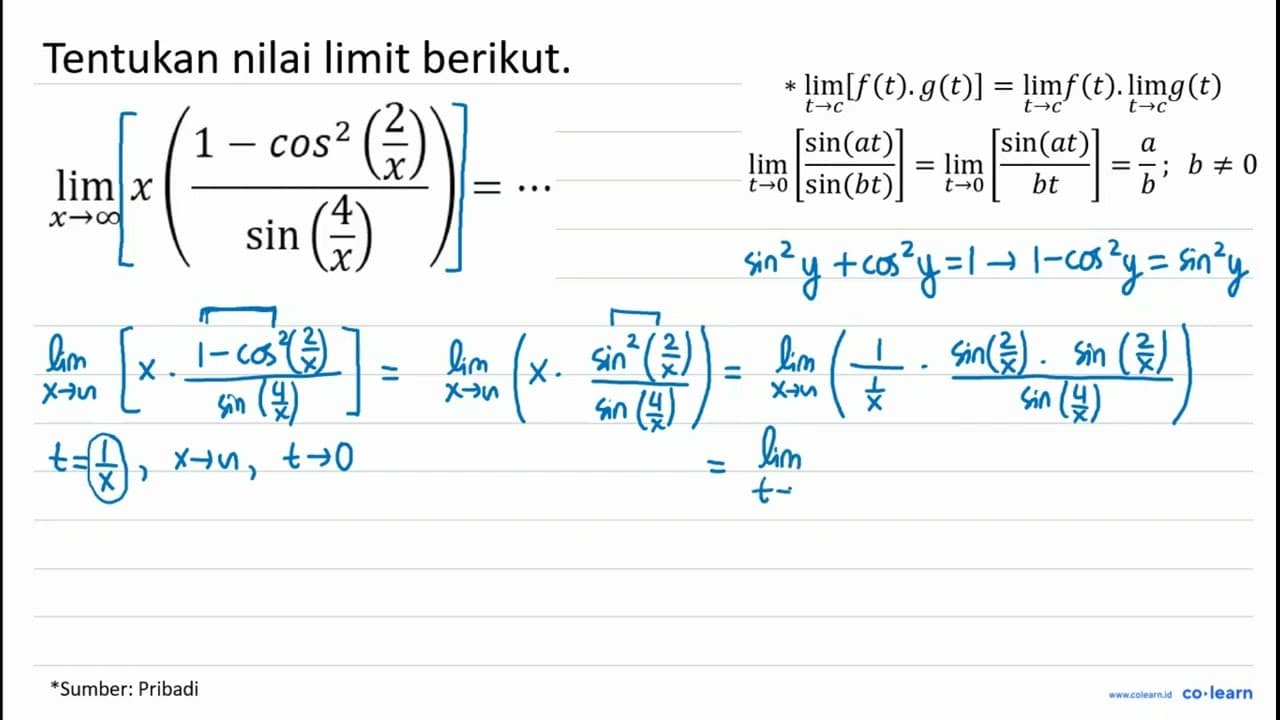 lim _(x -> tak hingga) x((1-cos ^(2)((2)/(x)))/(sin