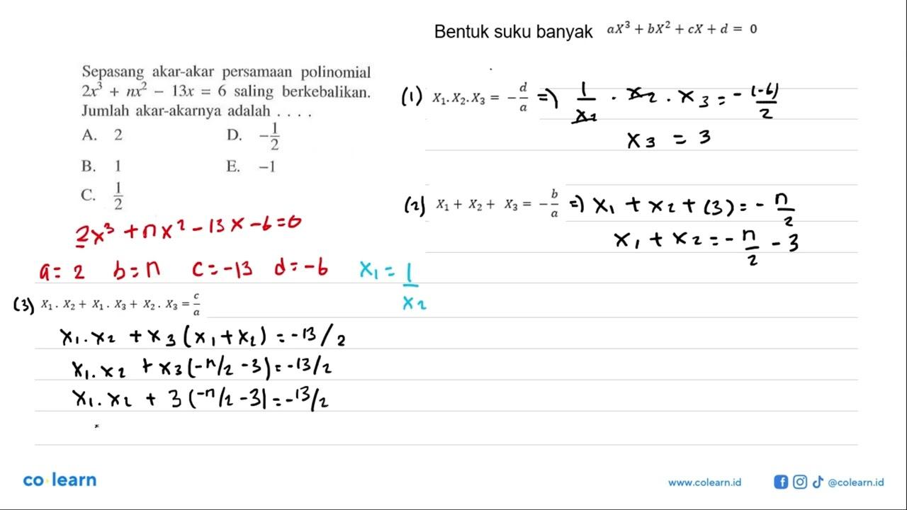 Sepasang akar-akar persamaan polinomial 2x^3-nx^2-13x=6