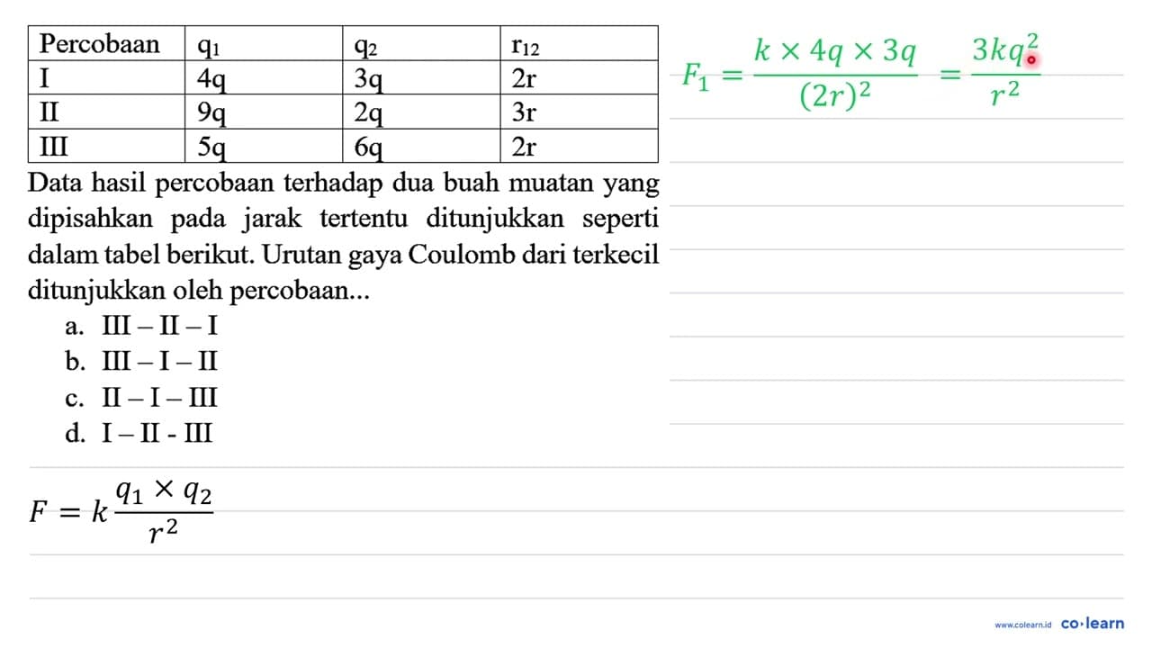 Percobaan q_(1) q_(2) r_(12) I 4 q 3 q 2 r II 9 q 2 q 3 r