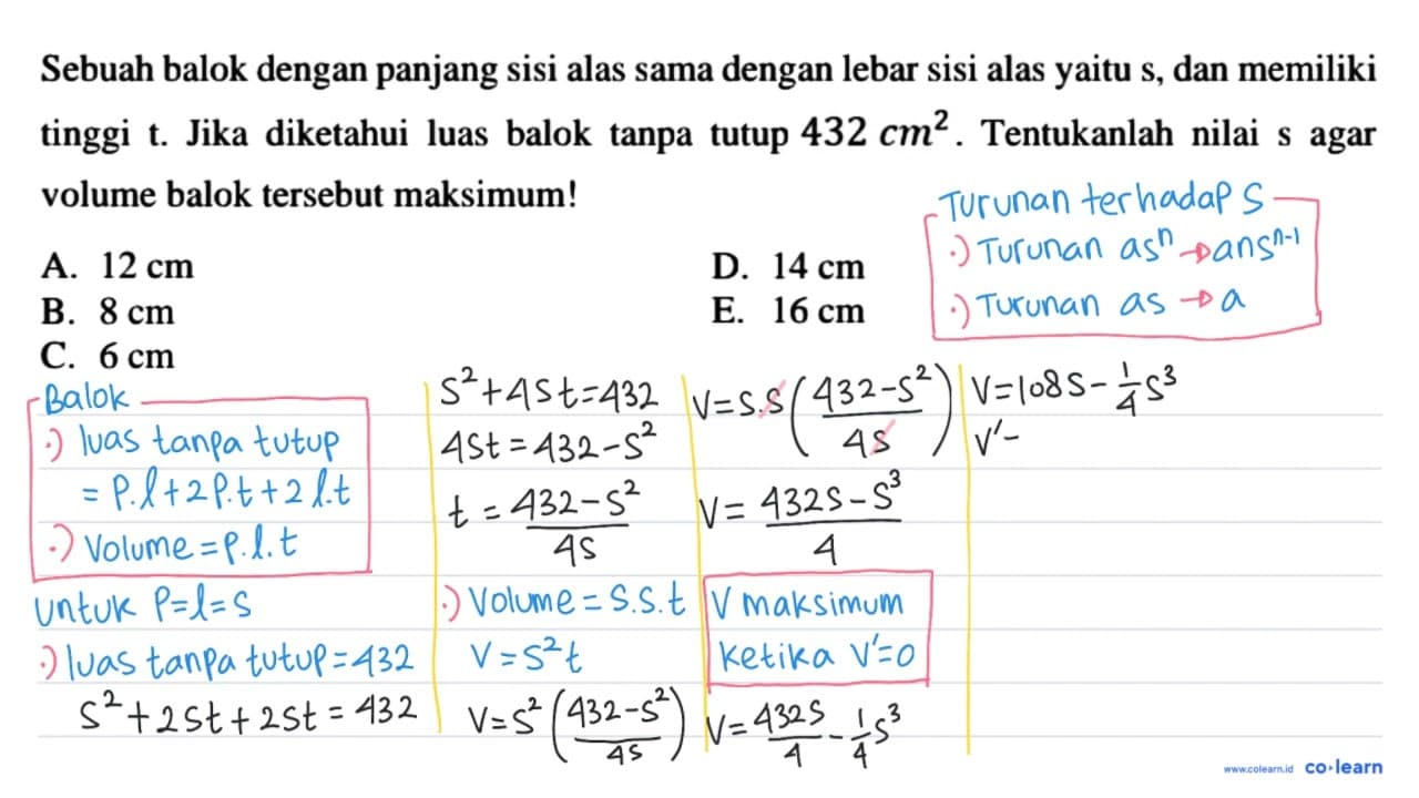 Sebuah balok dengan panjang sisi alas sama dengan lebar