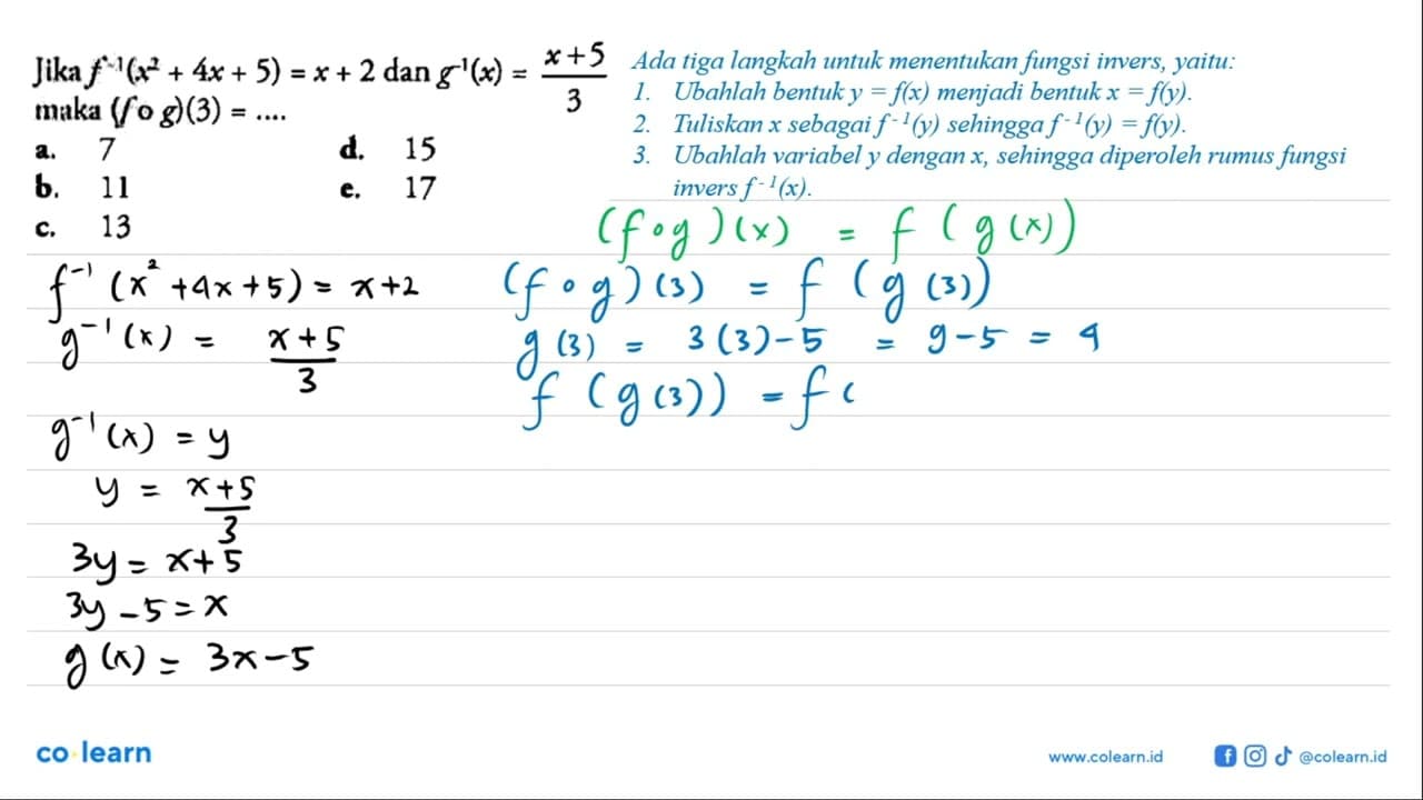 Jika f^(-1)(x^2+4x+5)=x+2 dan g^(-1)(x)=(x+5)/3 maka