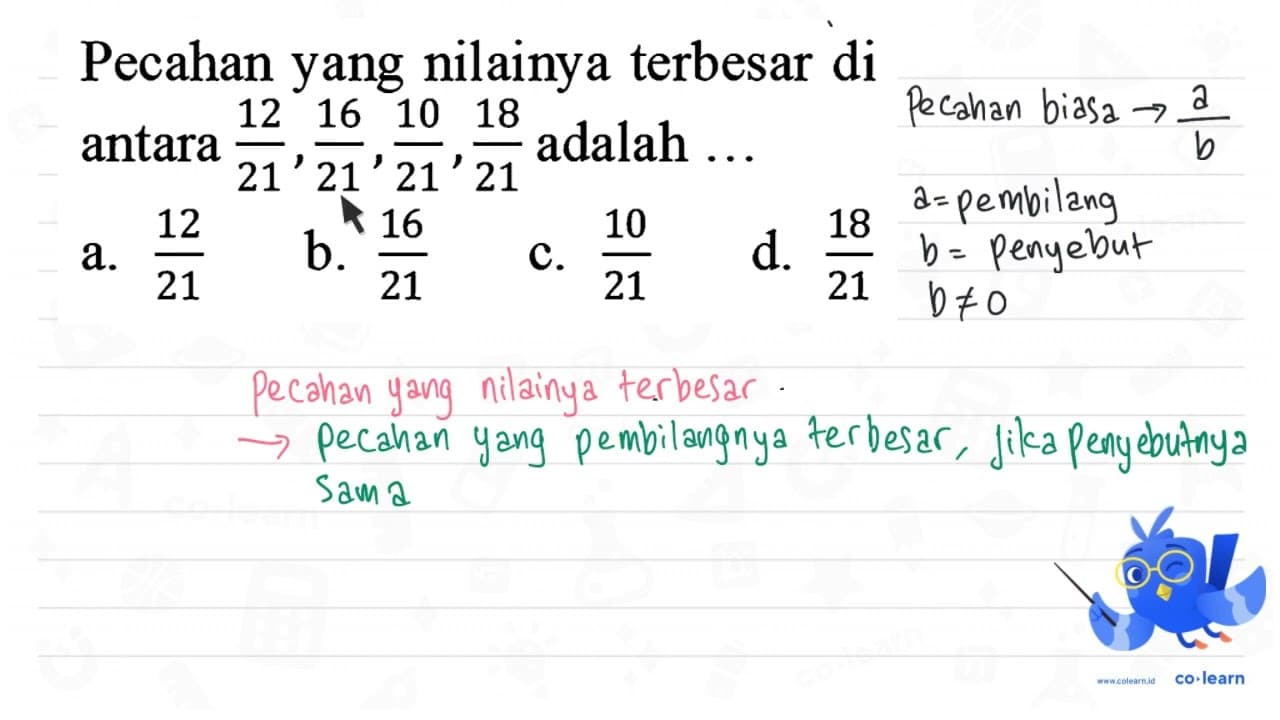 Pecahan yang nilainya terbesar di antara (12)/(21),