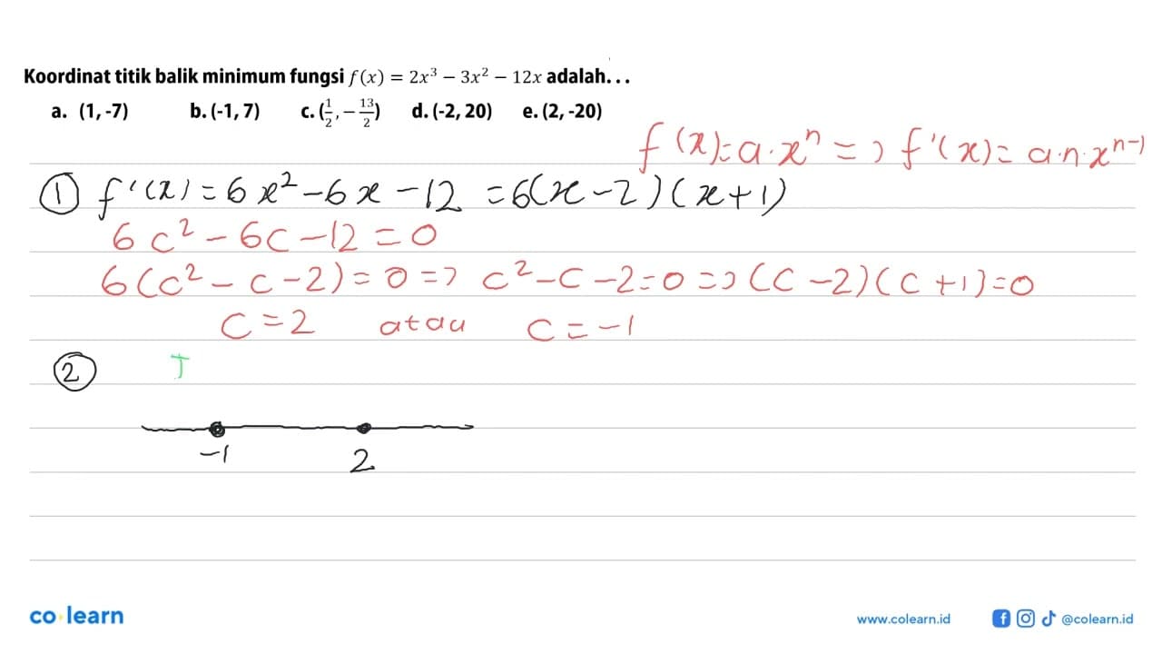 Koordinat titik balik minimum fungsi f(x)=2x^3-3x^2-12x