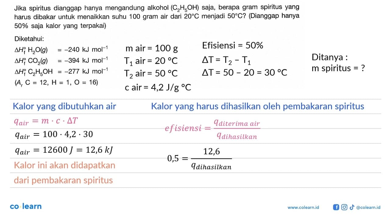 Jika spiritus dianggap hanya mengandung alkohol (C2H5OH)