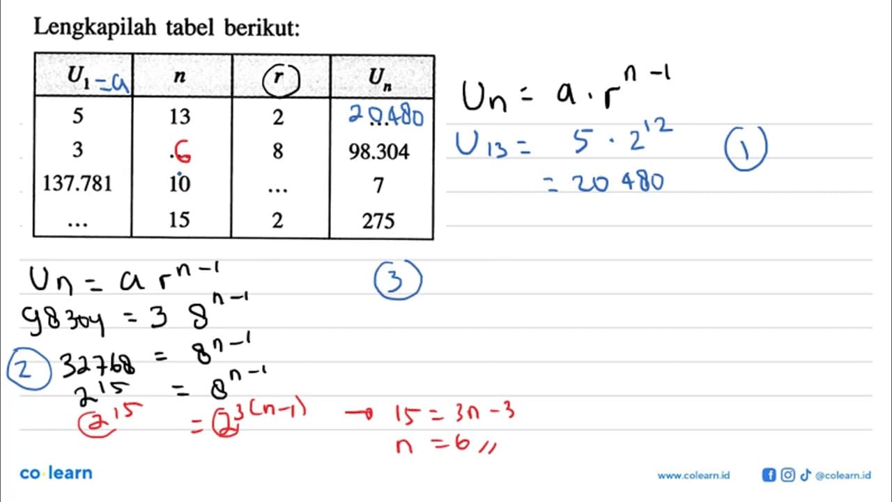 Lengkapilah tabel berikut: U1 n r Un 5 13 2 ... 3 ... 8