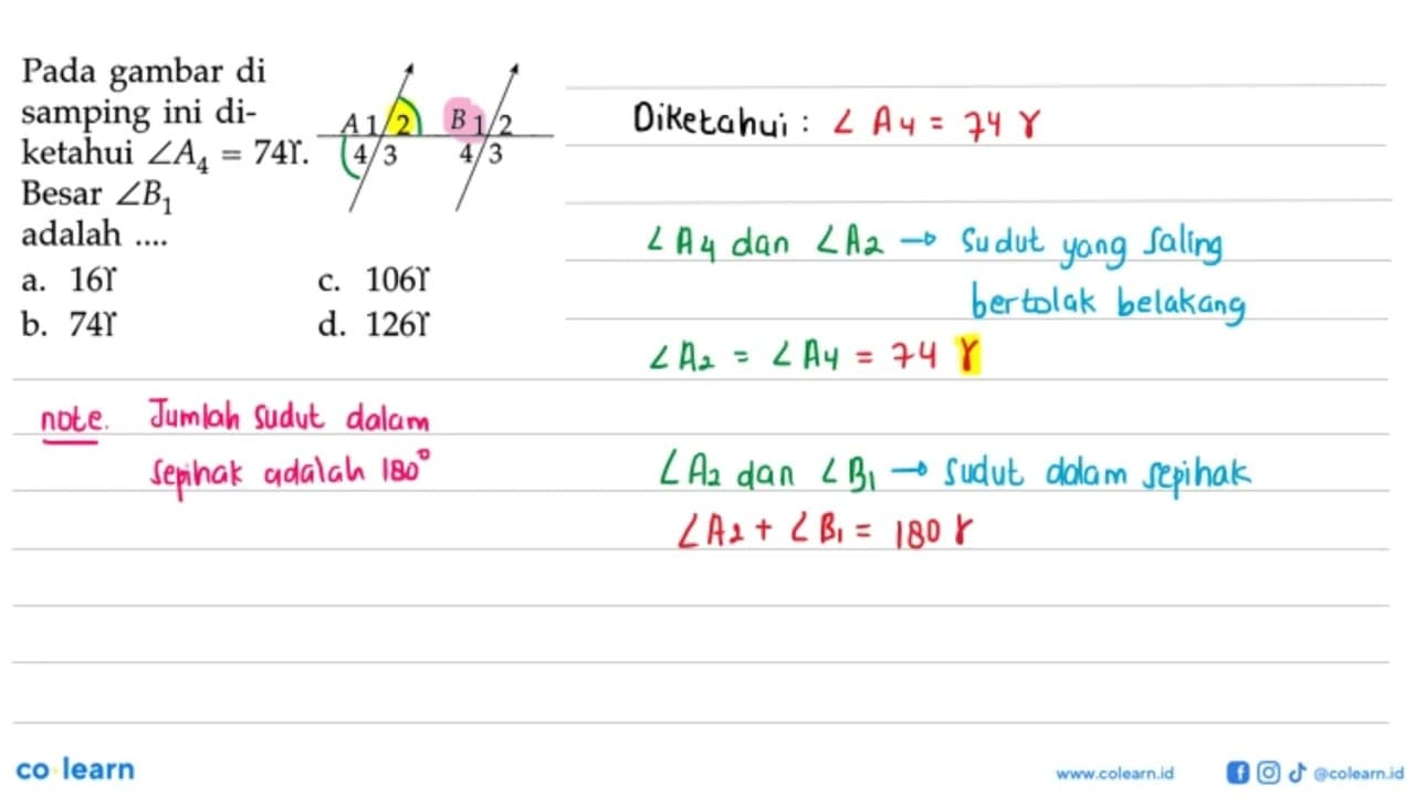 Pada gambar di samping ini diketahui sudut A4=74.Besar