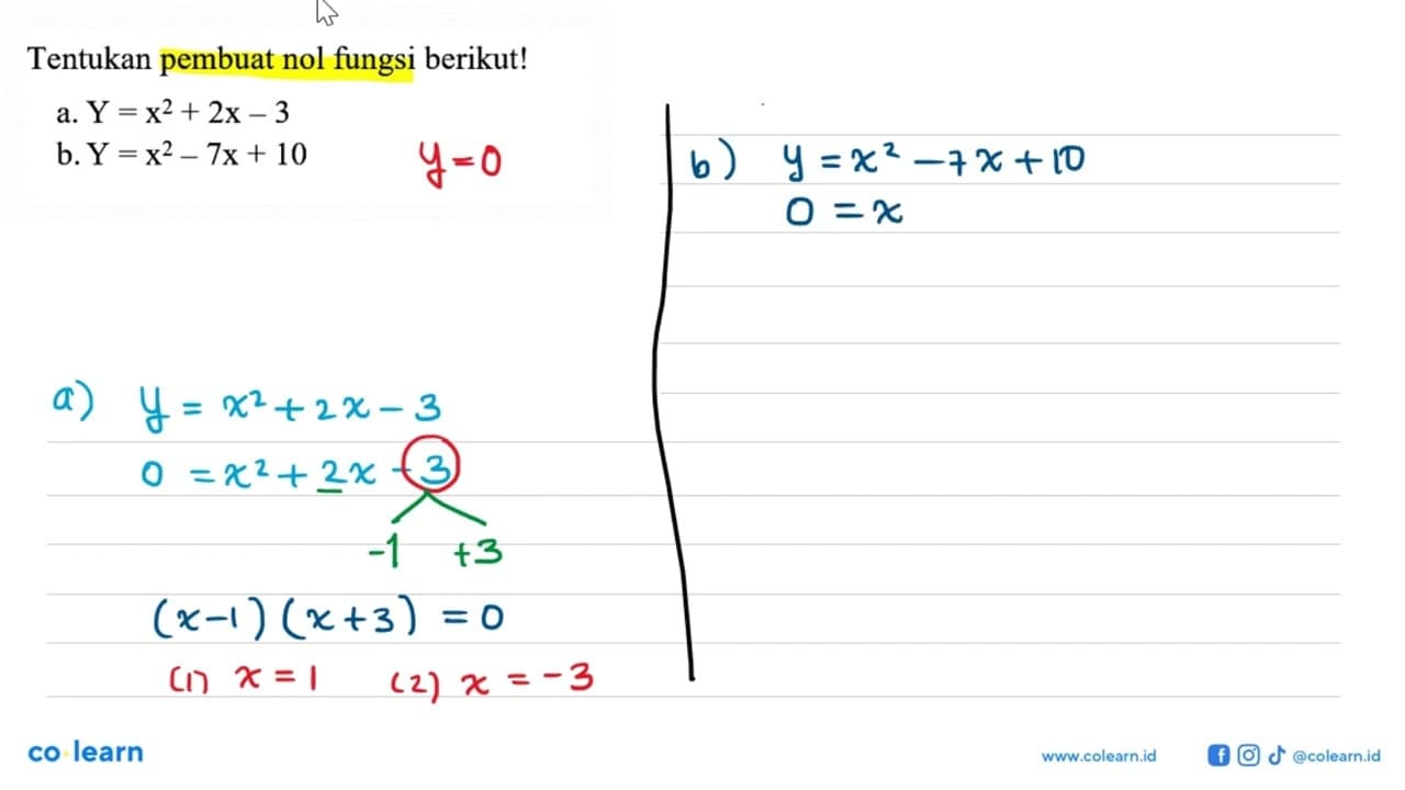 Tentukan pembuat nol fungsi berikut! a. Y = x^2 + 2x - 3