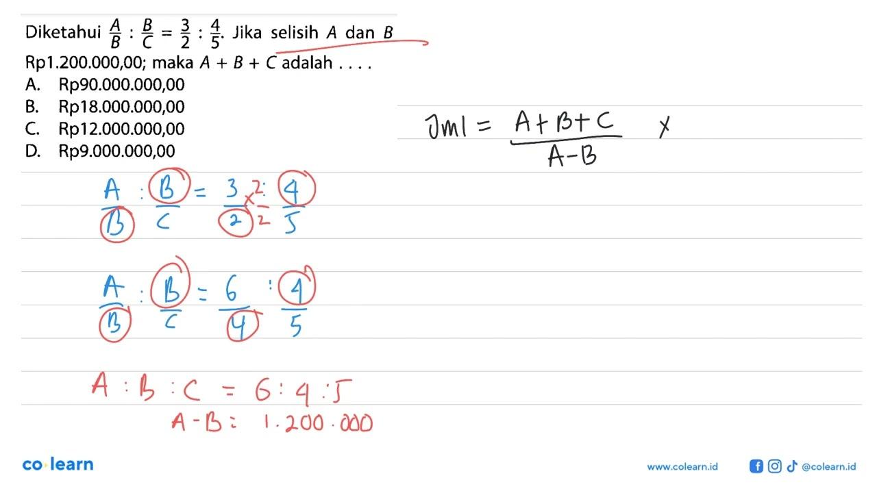 Diketahui A/B: B/C=3/2: 4/5 . Jika selisih A dan B