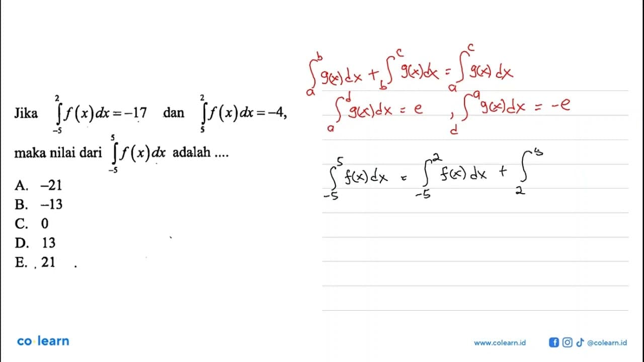 Jika integral dari-5 2 f(x) dx=-17 dan integral dari 5 2