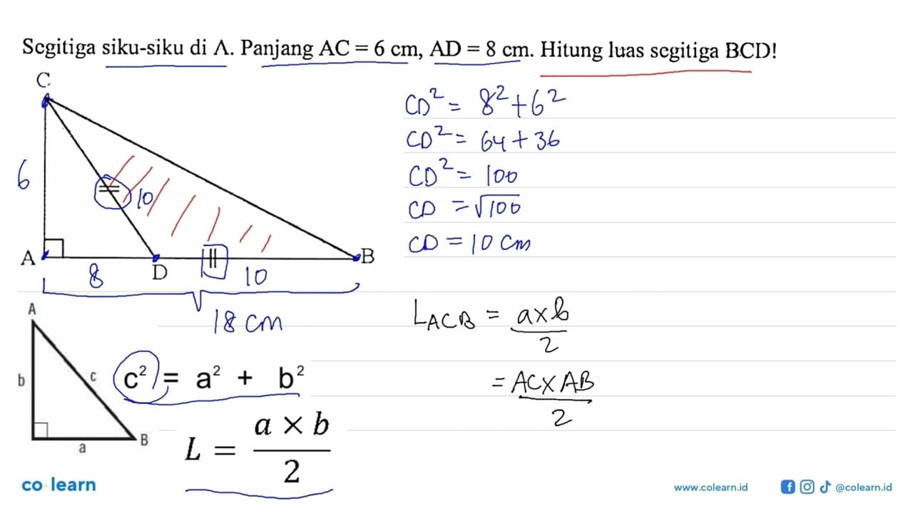 Segitiga siku-siku di A. Panjang AC=6 cm, AD=8 cm. Hitung