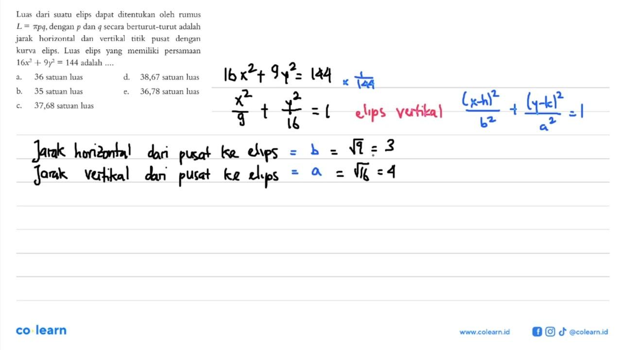 Luas dari suatu elips dapat ditentukan oleh rumus L=pi p q,