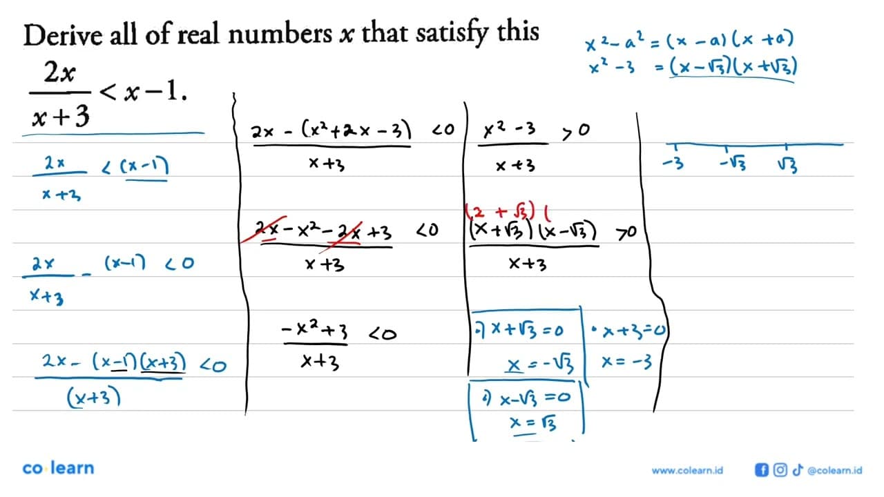 Derive all of real numbers x that satisfy this (2x)/(x+3) <