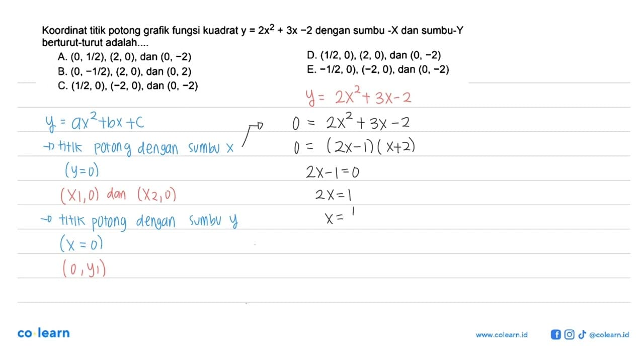 Koordinat titik potong grafik fungsi kuadrat y=2x^2+3x-2