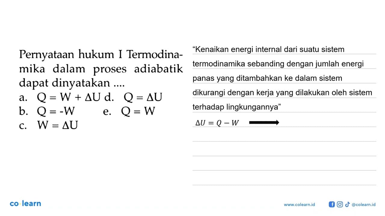 Pernyataan hukum I Termodinamika dalam proses adiabatik