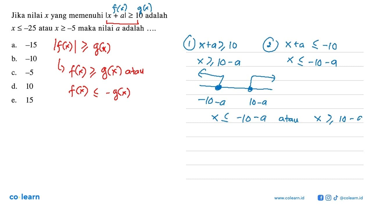 Jika nilai x yang memenuhi Ix + al >= 10 adalah x <= -25