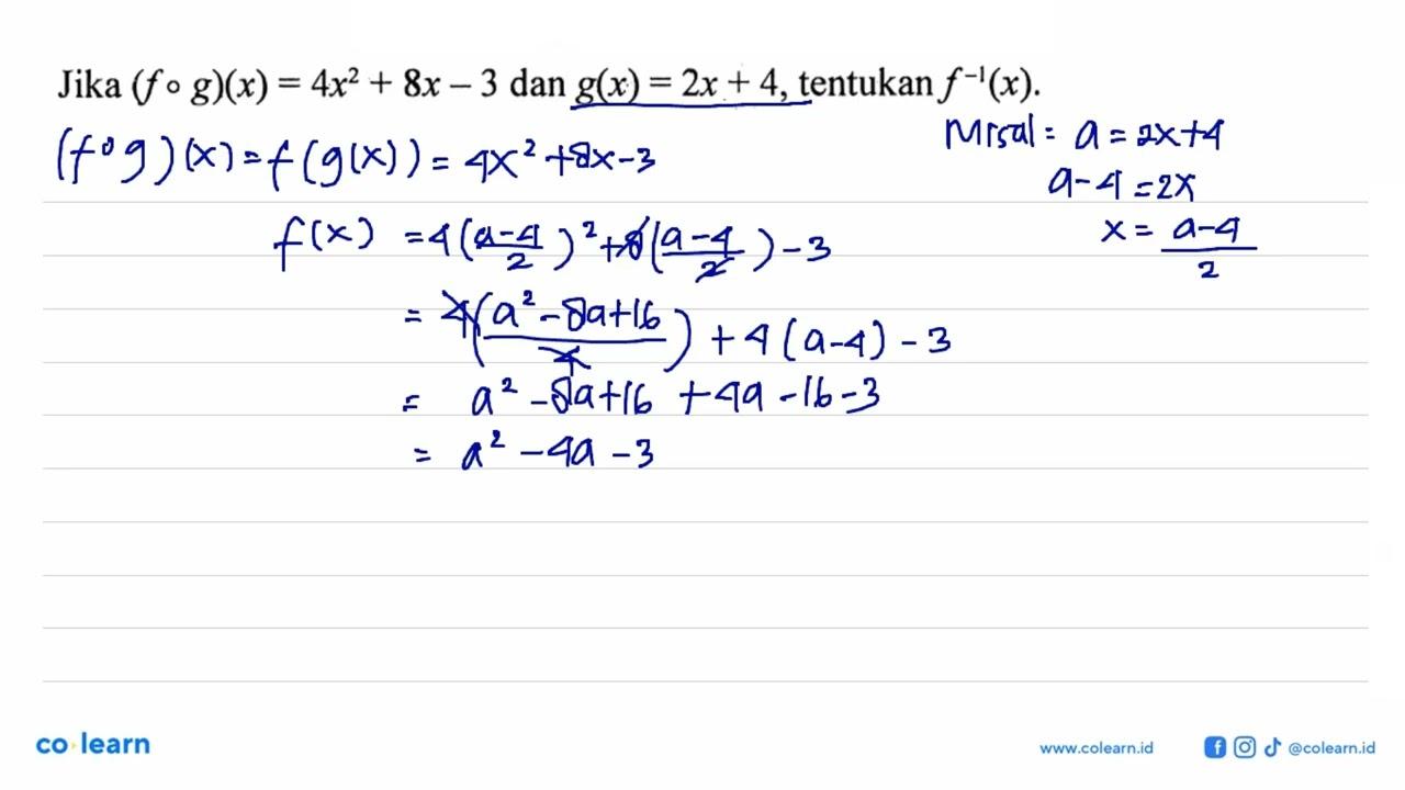 Jika (fog)(x)=4x^2+8x-3 dan g(x)=2x+4, tentukan f^(-1)(x).