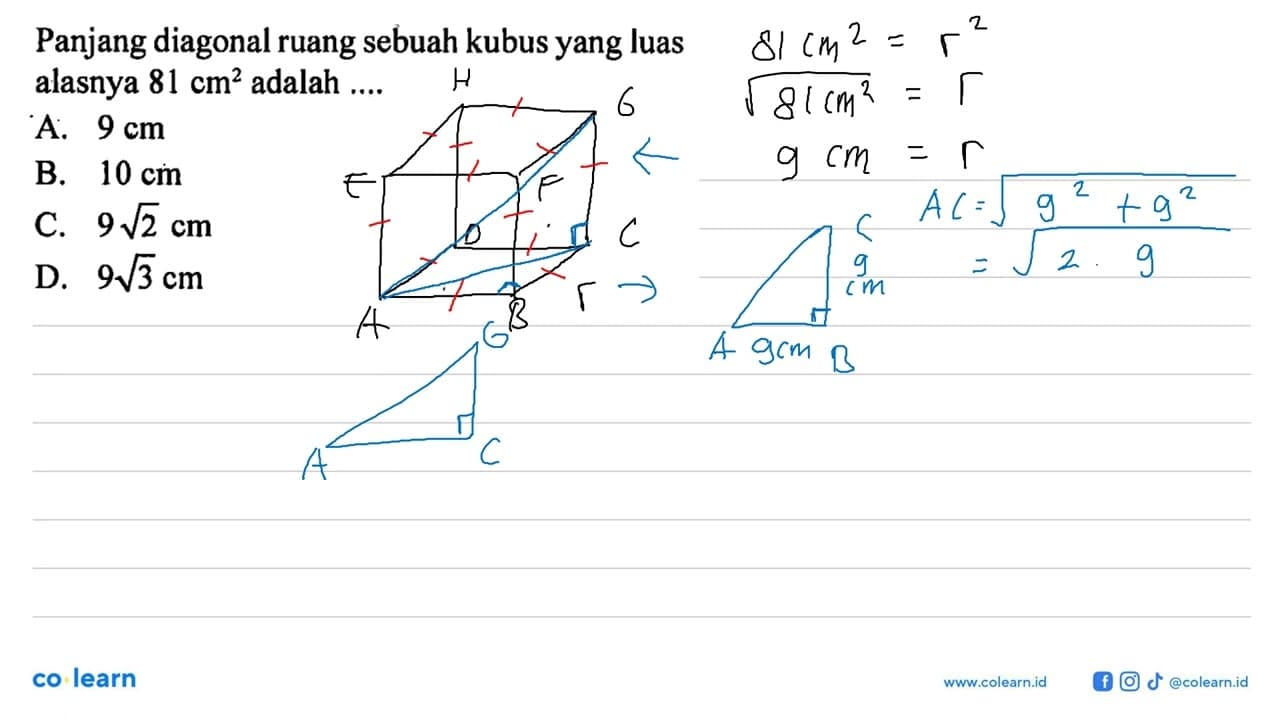 Panjang diagonal ruang sebuah kubus yang luas alasnya 81