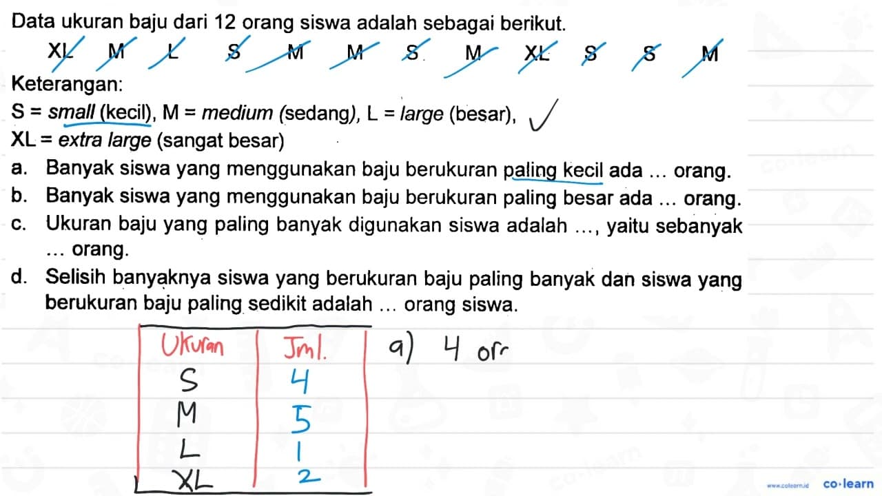 Data ukuran baju dari 12 orang siswa adalah sebagai