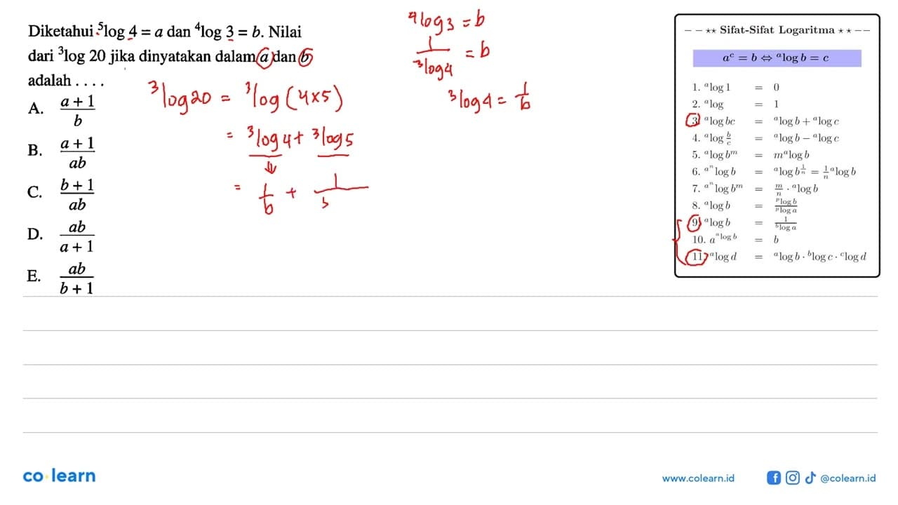 Diketahui 5log4=a dan 4log3=b. Nilai dari 3log20 jika