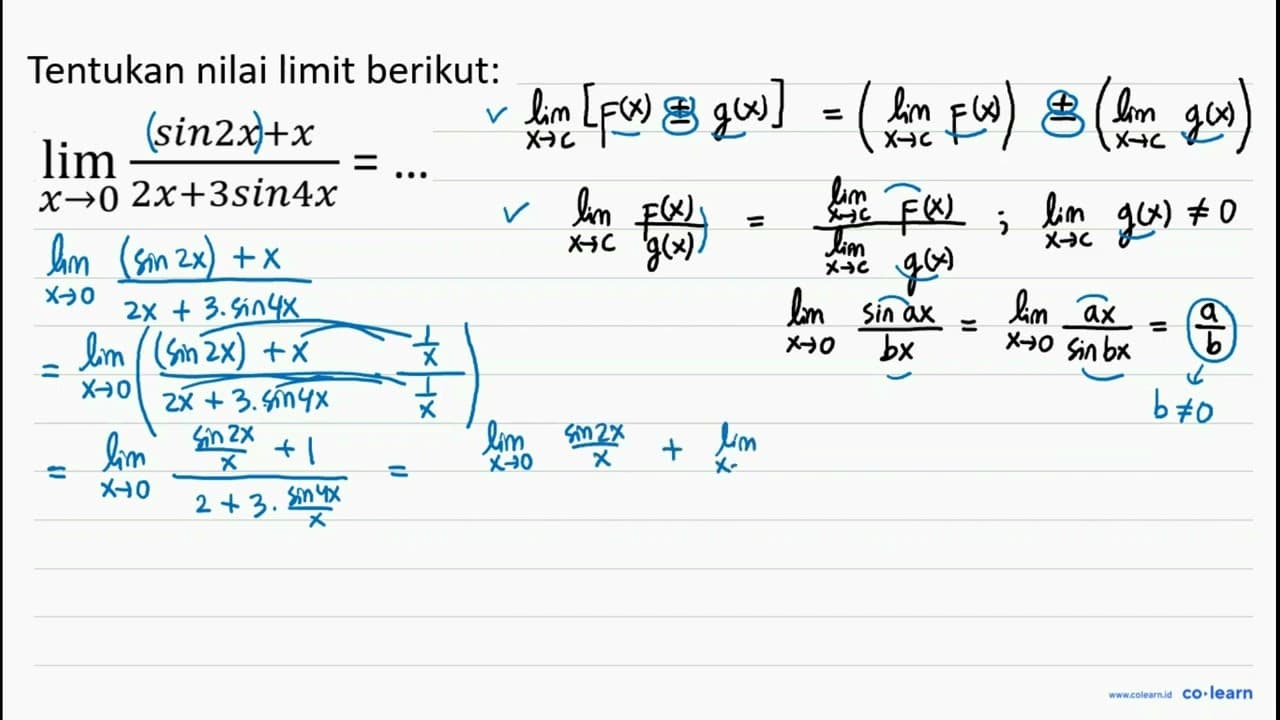 limit x->0 ((sin 2x) + x)/(2x + (3 sin 4x)) =