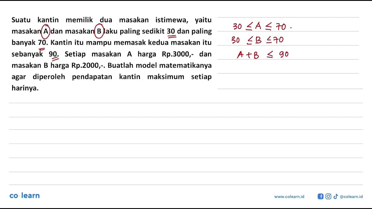 Suatu kantin memilik dua masakan istimewa, yaitu masakan A