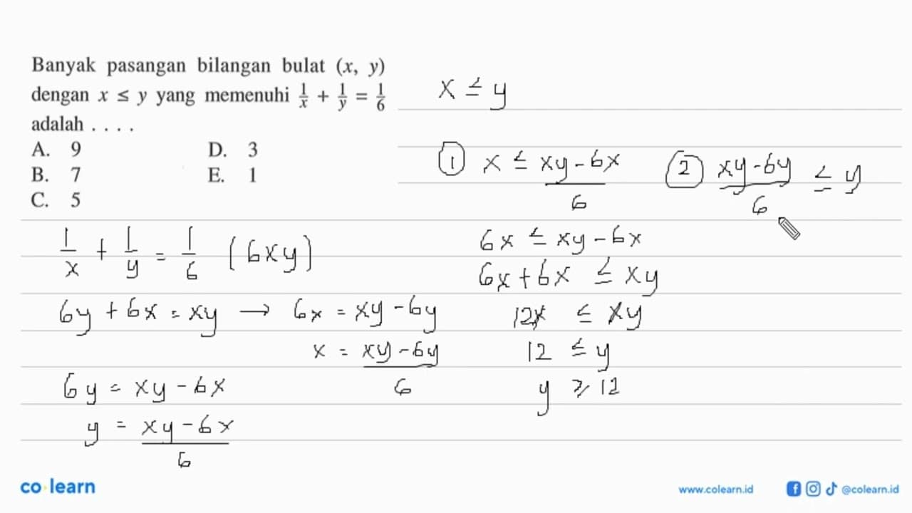 Banyak pasangan bilangan bulat (x, y) dengan x <= y yang