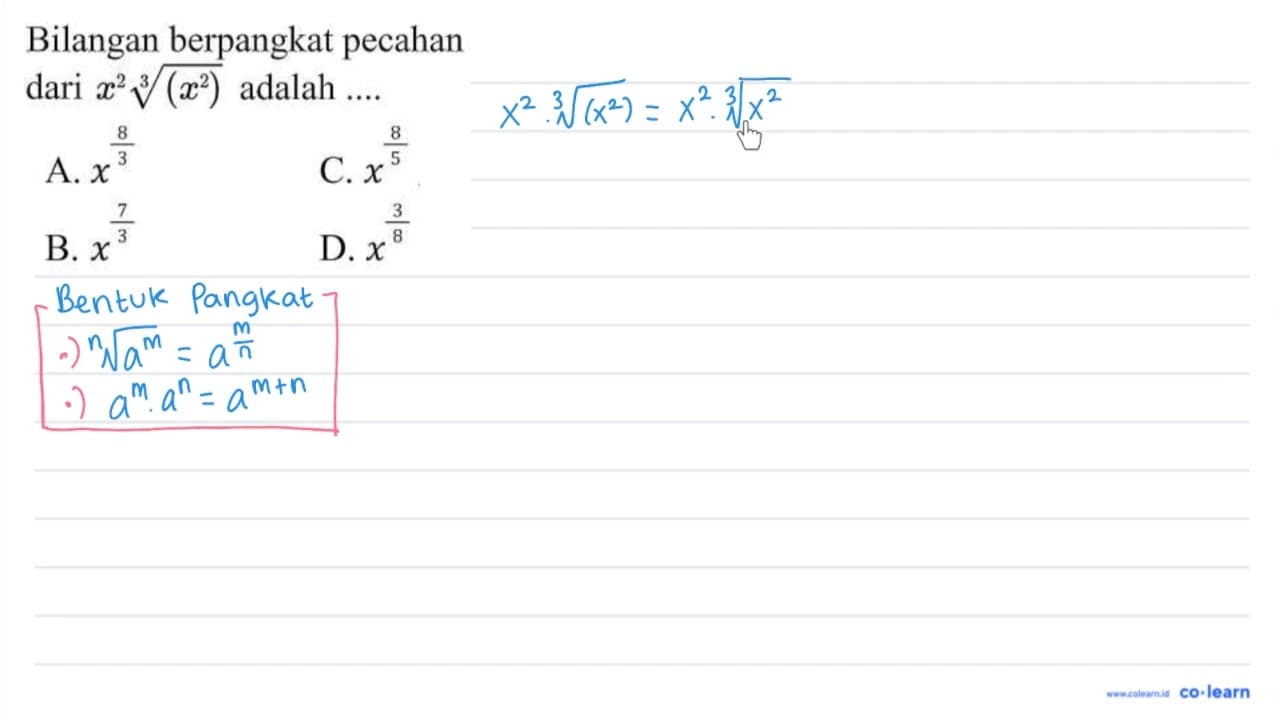 Bilangan berpangkat pecahan dari x^(^) 2 akar pangkat 3