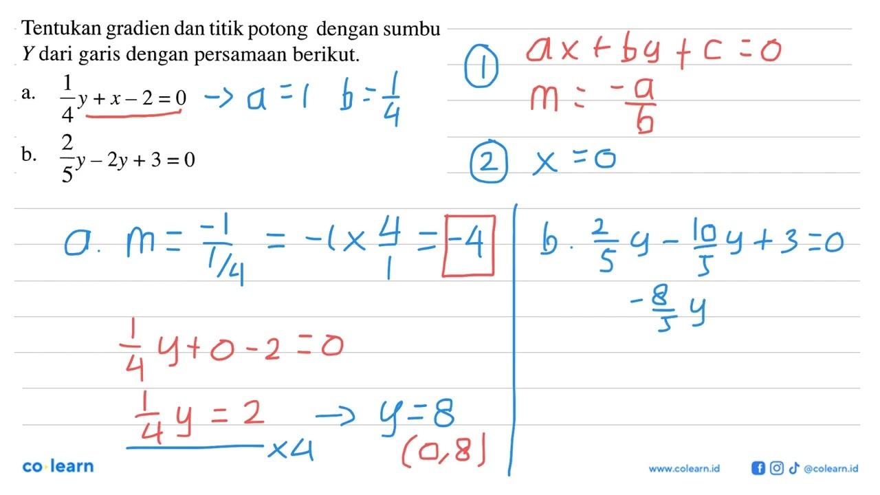 Tentukan gradien dan titik potong dengan sumbu Y dari garis