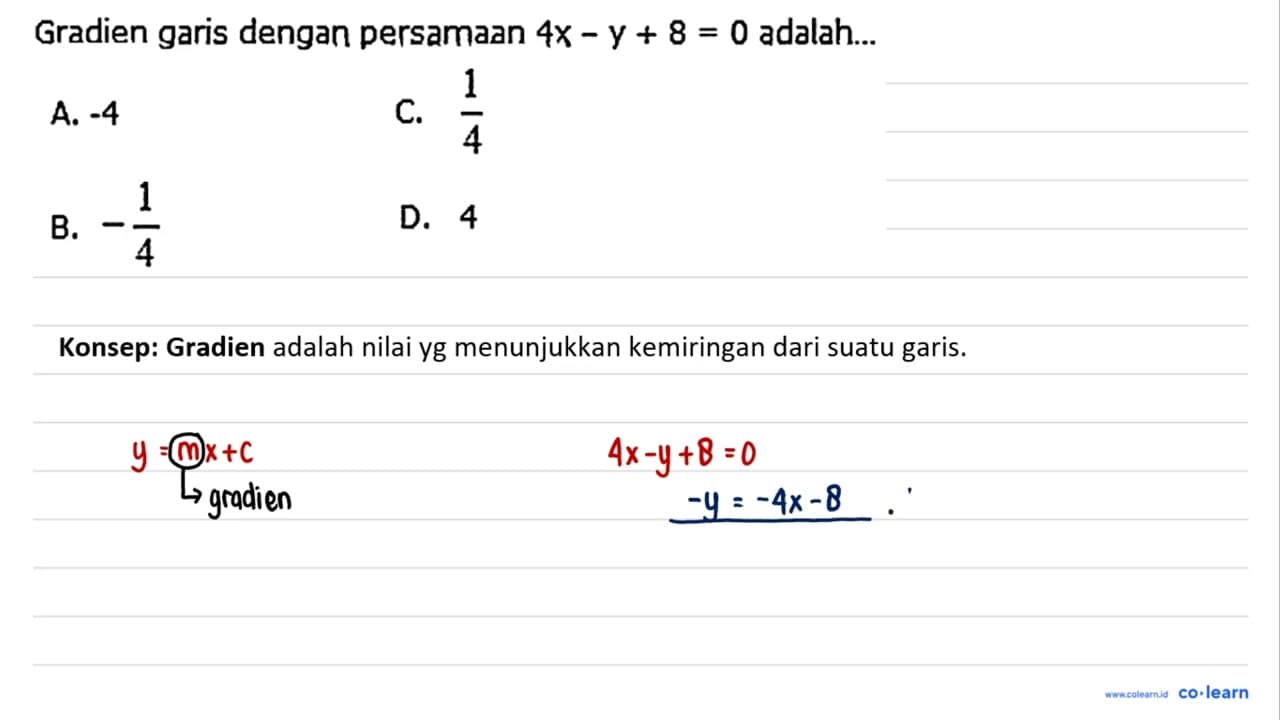 Gradien garis dengan persamaan 4x-y+8=0 adalah...