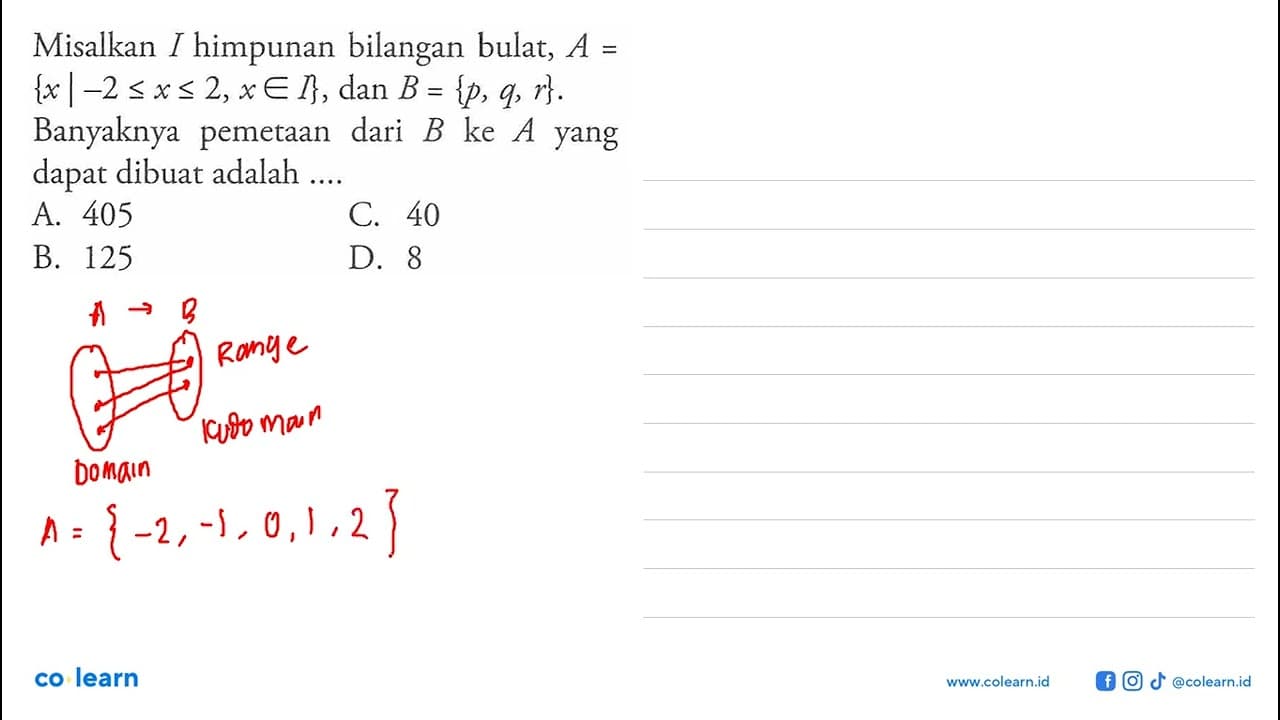 Misalkan I himpunan bilangan bulat, A = {x | -2 <= x <= 2,