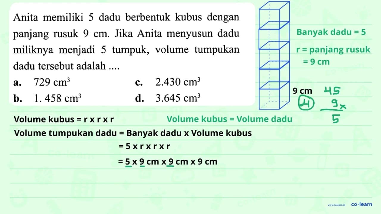 Anita memiliki 5 dadu berbentuk kubus dengan panjang rusuk