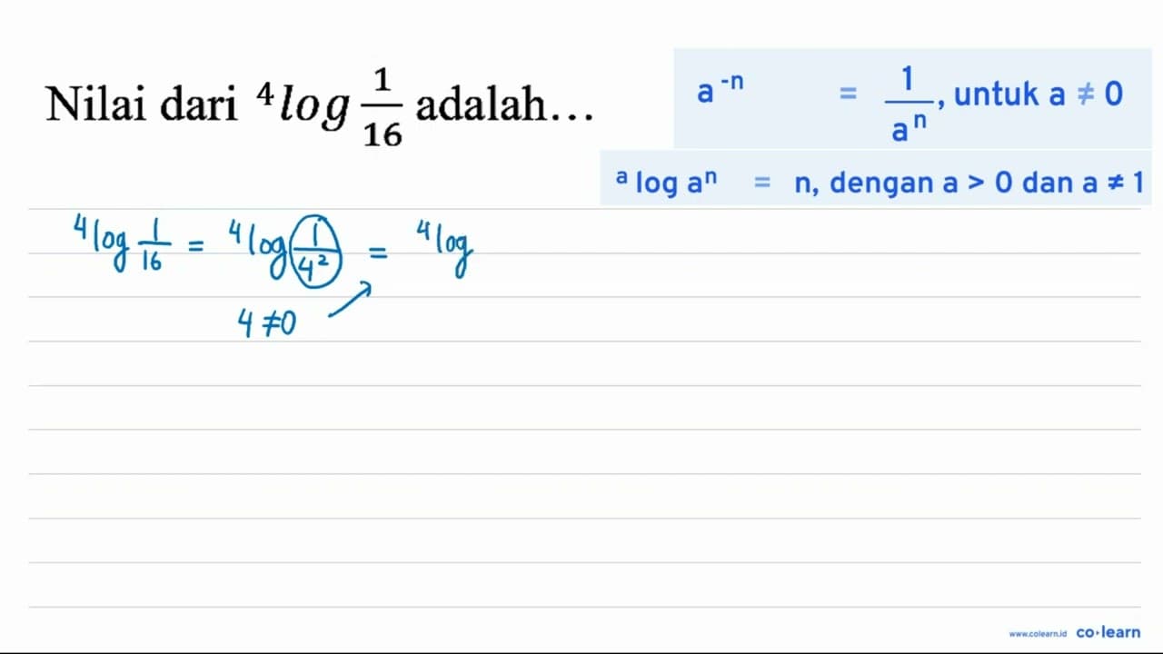 Nilai dari 4 log (1)/(16) adalah...