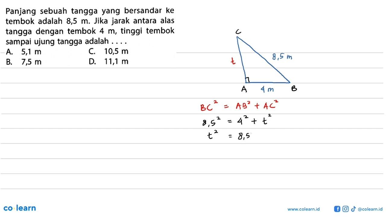 Panjang sebuah tangga yang bersandar ke tembok adalah 8,5