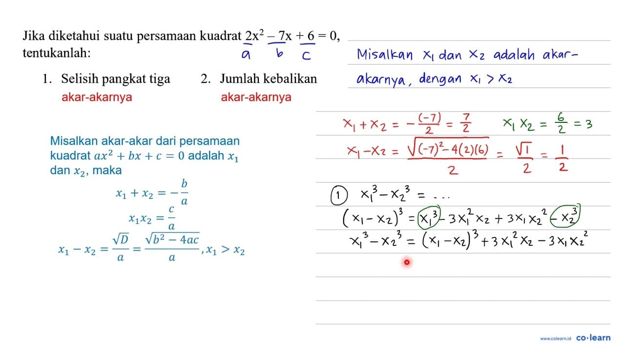 Jika diketahui suatu persamaan kuadrat 2 x^(2)-7 x+6=0 ,