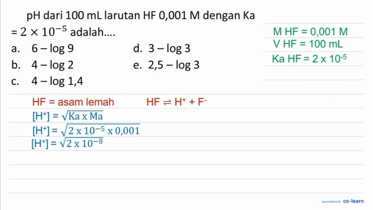 20 pH dari 100 ~mL larutan HF 0,001 M dengan Ka =2 x