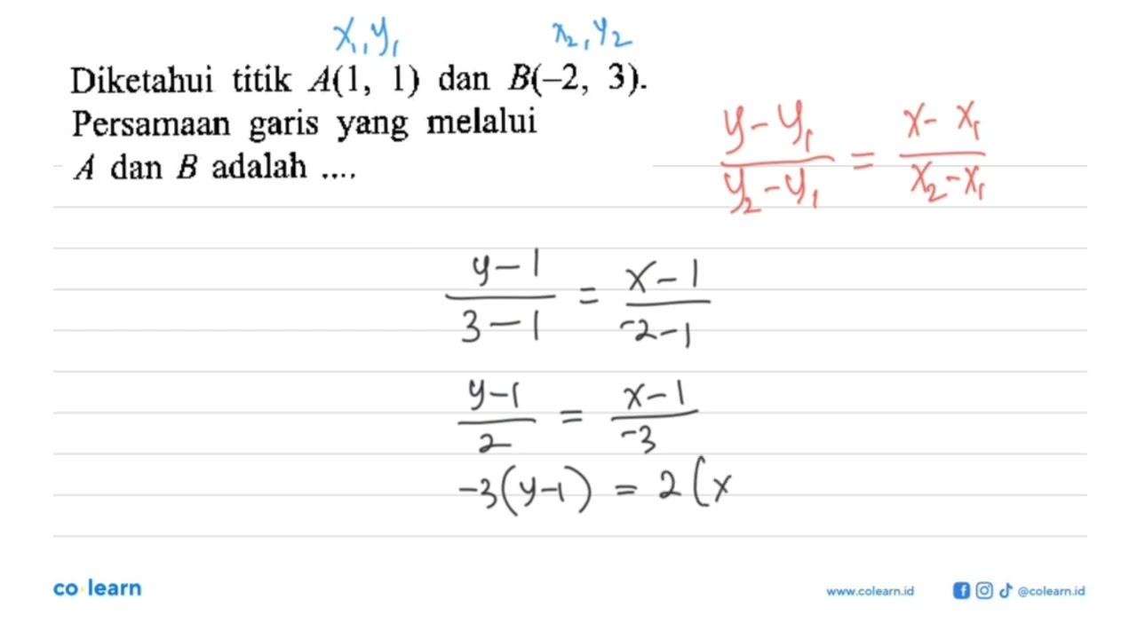 Diketahui titik A(1, 1) dan B(-2, 3). Persamaan garis yang