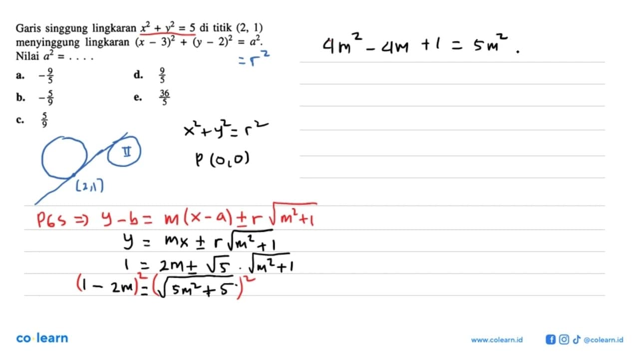 Garis singgung lingkaran x^2+y^2=5 di titik (2,1)