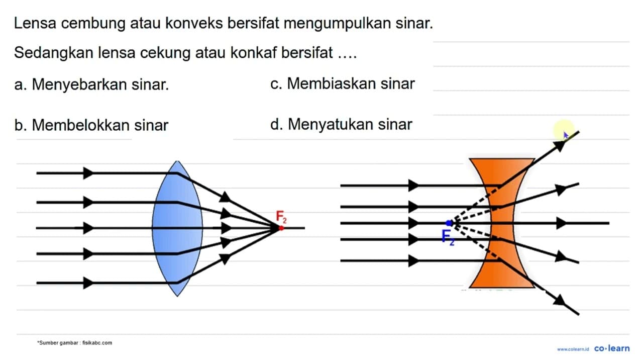 Lensa cembung atau konveks bersifat mengumpulkan sinar.