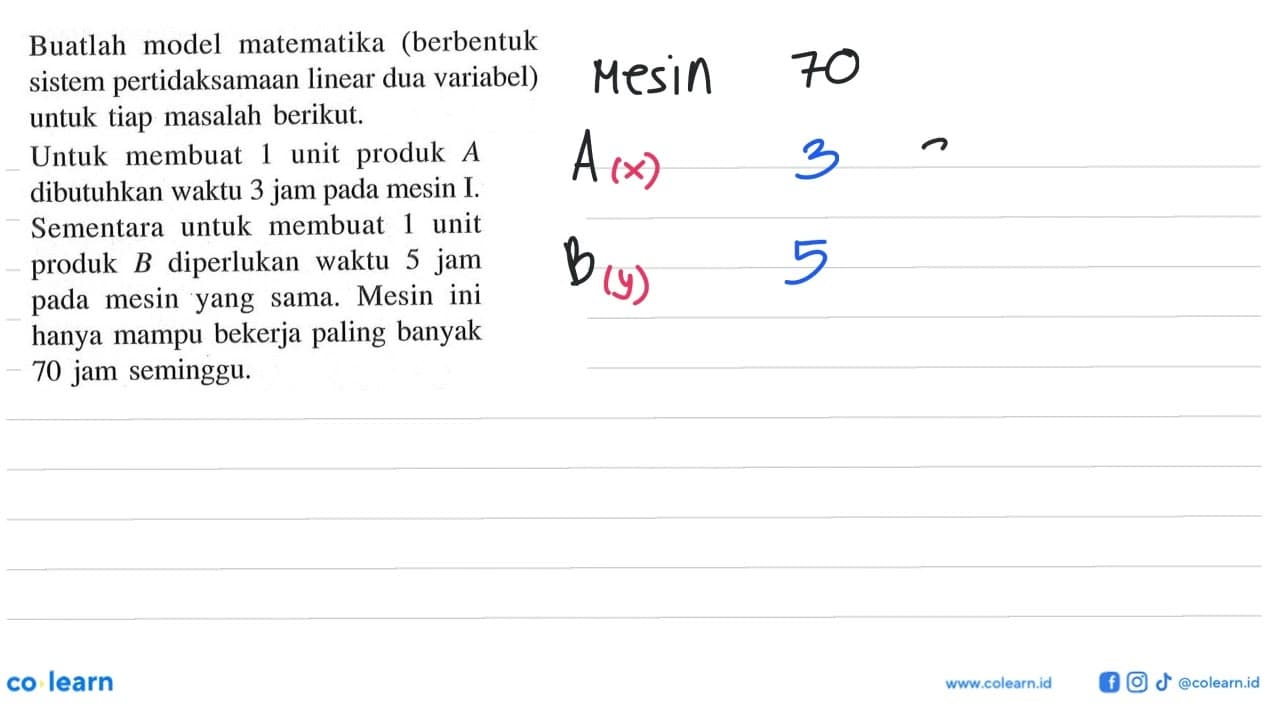 Buatlah model matematika (berbentuk pertidaksamaan linear